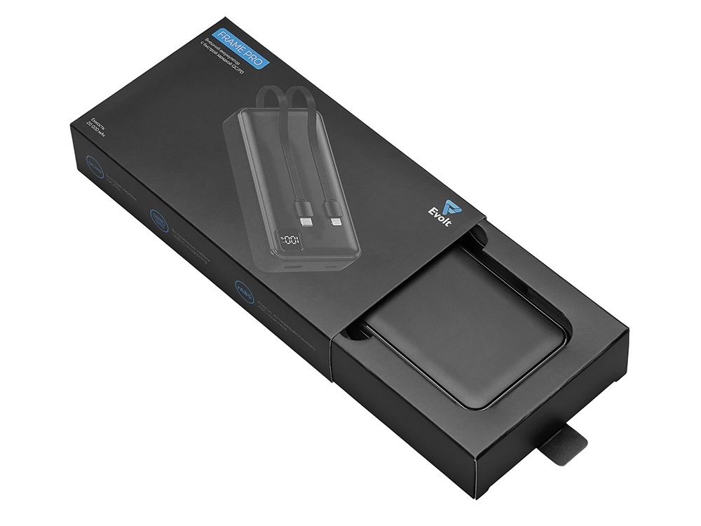 Внешний аккумулятор со встроенными кабелями Фрэйм Про, быстрая зарядка, 20000мач